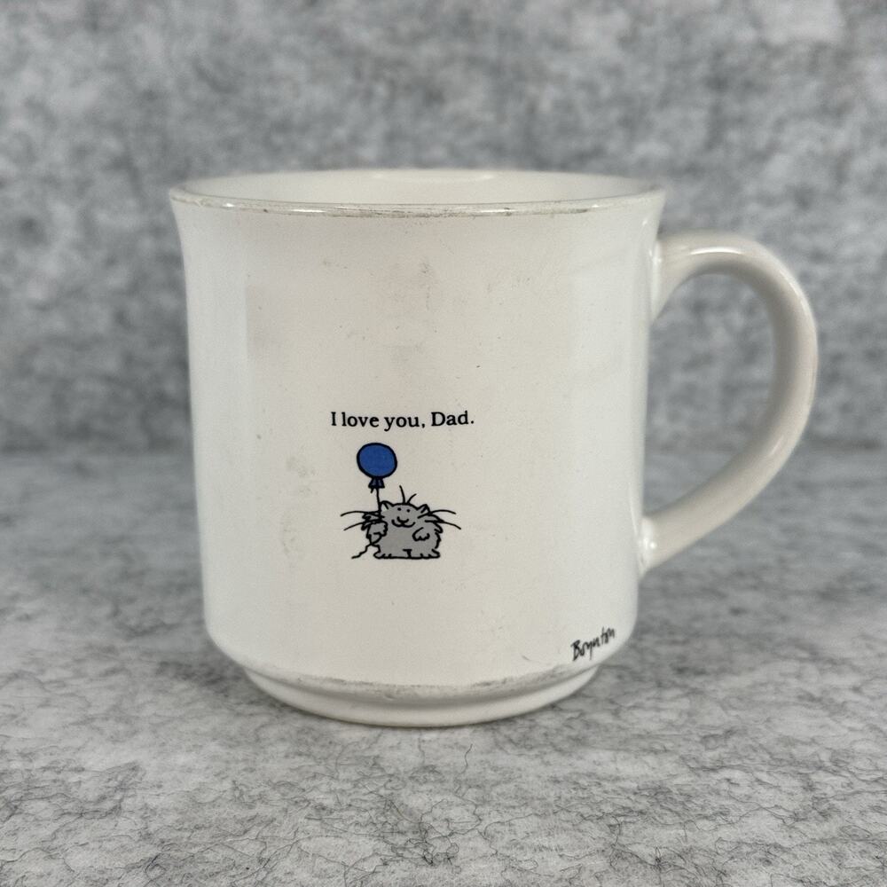 Vintage Sandra Boynton Coffee Mug "I Love You, Dad" Grey Cat Blue Balloon *Crack